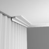 Modern flat crown molding moulding; crown molding has an asymmetrical profile with an extended top surface projection across the ceiling