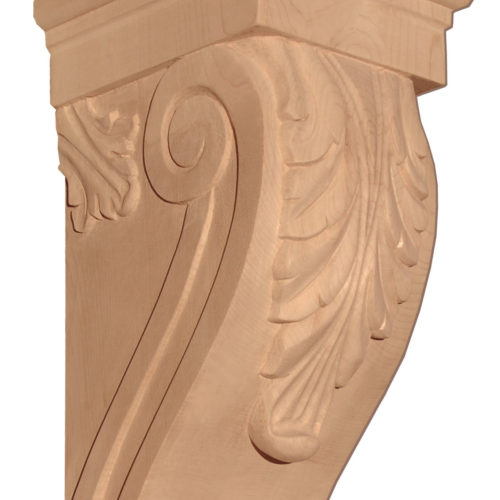 Arizona hardwood corbels are hand-carved with traditional acanthus leaf design on the front and scrolled rising leaf on the lower part.