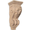 Santa Monica hard-wood corbels are hand-carved with grape cluster design on the front, scrolls and carved grape leaves on the sides