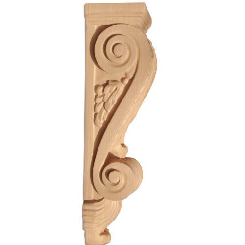 Austin hardwood corbels are hand carved with a classic acanthus leaf design on the front, and leaf scrolling on the sides