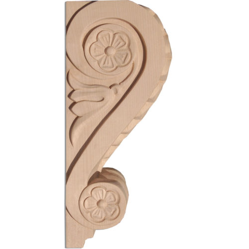 Irvine wood corbels are carved in a deep relief with classic acanthus leaf design. On the sides corbel has a graceful scrolls with rosette centers and leaf design