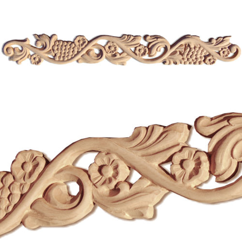 Calistoga wood carvings crafted from premium selected hardwood. Wood carvings feature carved in deep relief grapevine motif with flowers and grape clusters
