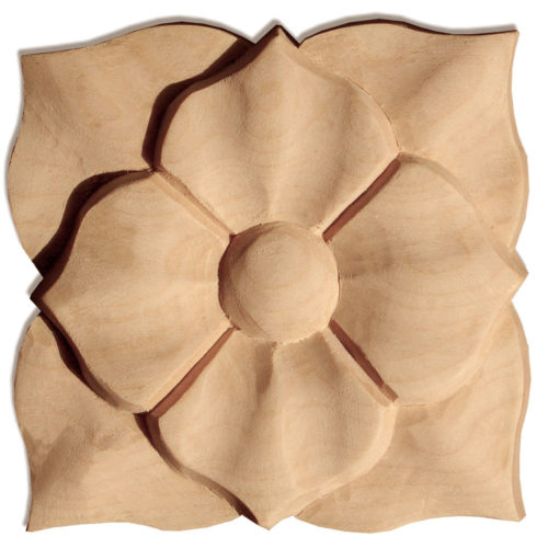 Marietta square wood rosettes are carved in a deep relief with flower and leaf motif. Marietta rosettes are hand carved by skilled craftsman from premium selected hardwood
