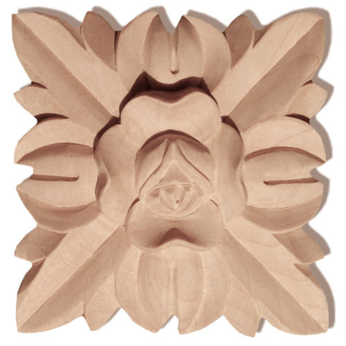 Carolina square wood rosettes are carved in a deep relief with rose and leaf motif. These rosettes are hand carved by skilled craftsman from premium selected hardwood