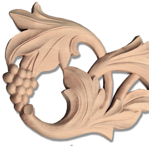 Delightful Ventura grape scrolls wood carvings are hand crafted from premium selected American hardwoods. Hardwood scrolls carved as a matching pair, where each of the carvings is facing in the opposite direction. Wood carvings feature elegantly scrolled carved in deep relief pierced design with grapevine and grape clusters