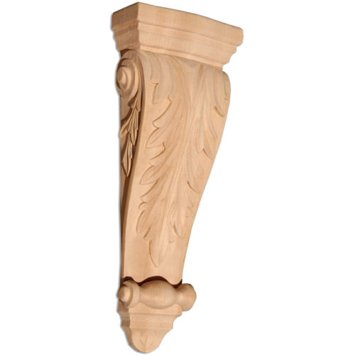 Portland wood corbels are carved in a deep relief with acanthus leaf motif. On the sides corbels have a graceful curves and classic leaf scrolls design