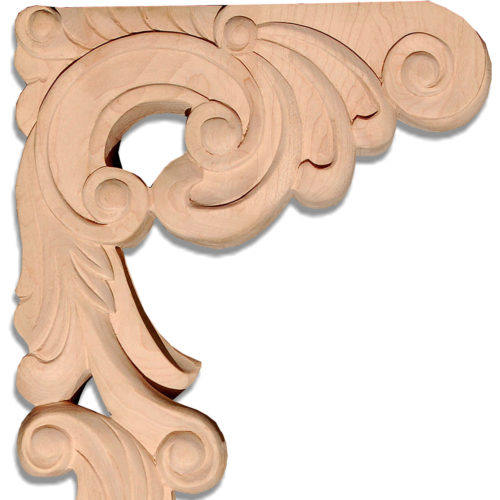 Vivid design of Vienna hardwood brackets features rhythmic composition of scrolls and graceful leaves