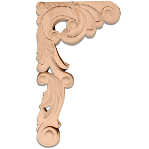 Vivid design of Vienna hardwood brackets features rhythmic composition of scrolls and graceful leaves