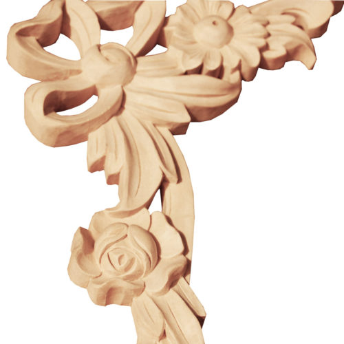 Mendota carved wood corners is hand crafted from premium selected white hardwood. Wood carvings feature carved in deep relief flowers elegantly tied with the bow