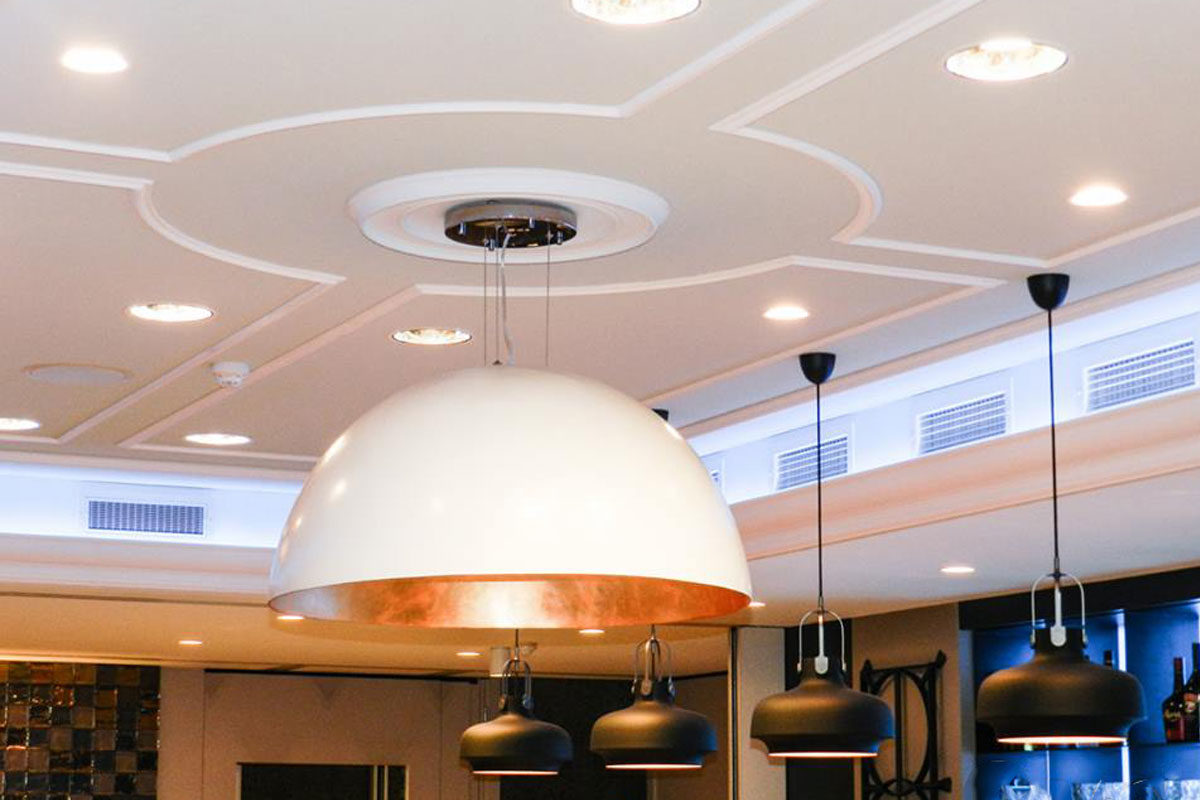 elegant ceiling design with ceiling panels and flexible molding; ceiling decor ideas