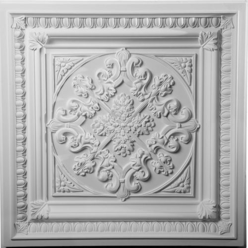 The Floral with Egg and Dart Trim ceiling tile is modeled after an original historical pattern and design.