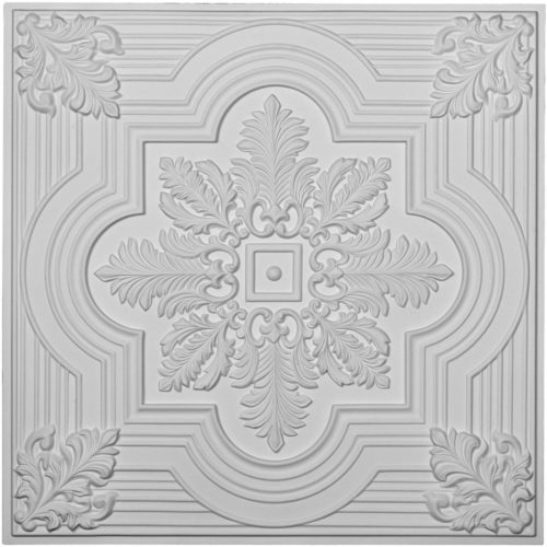 The Acanthus leaf and line ceiling tile is modeled after an original historical pattern and design.